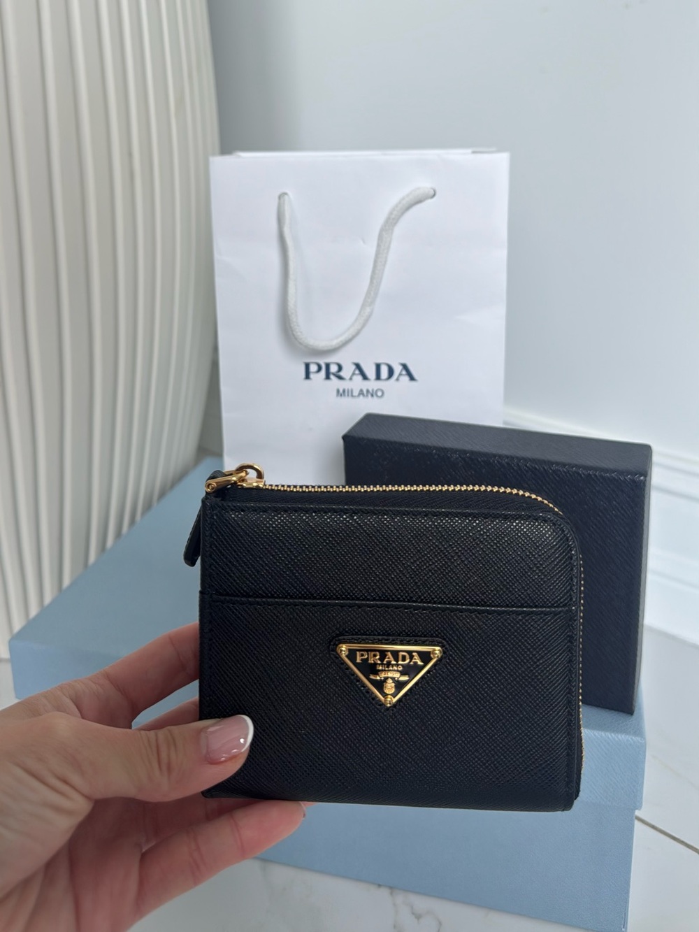 Prada Black Saffiano Leather Zip Card Holder with Gold Logo